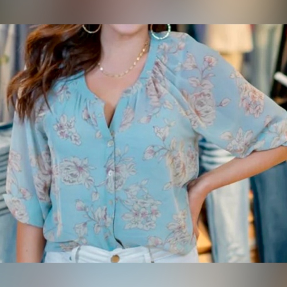 Callie Girl OC Button Down Floral Dusty Blue/Natural Blouse small